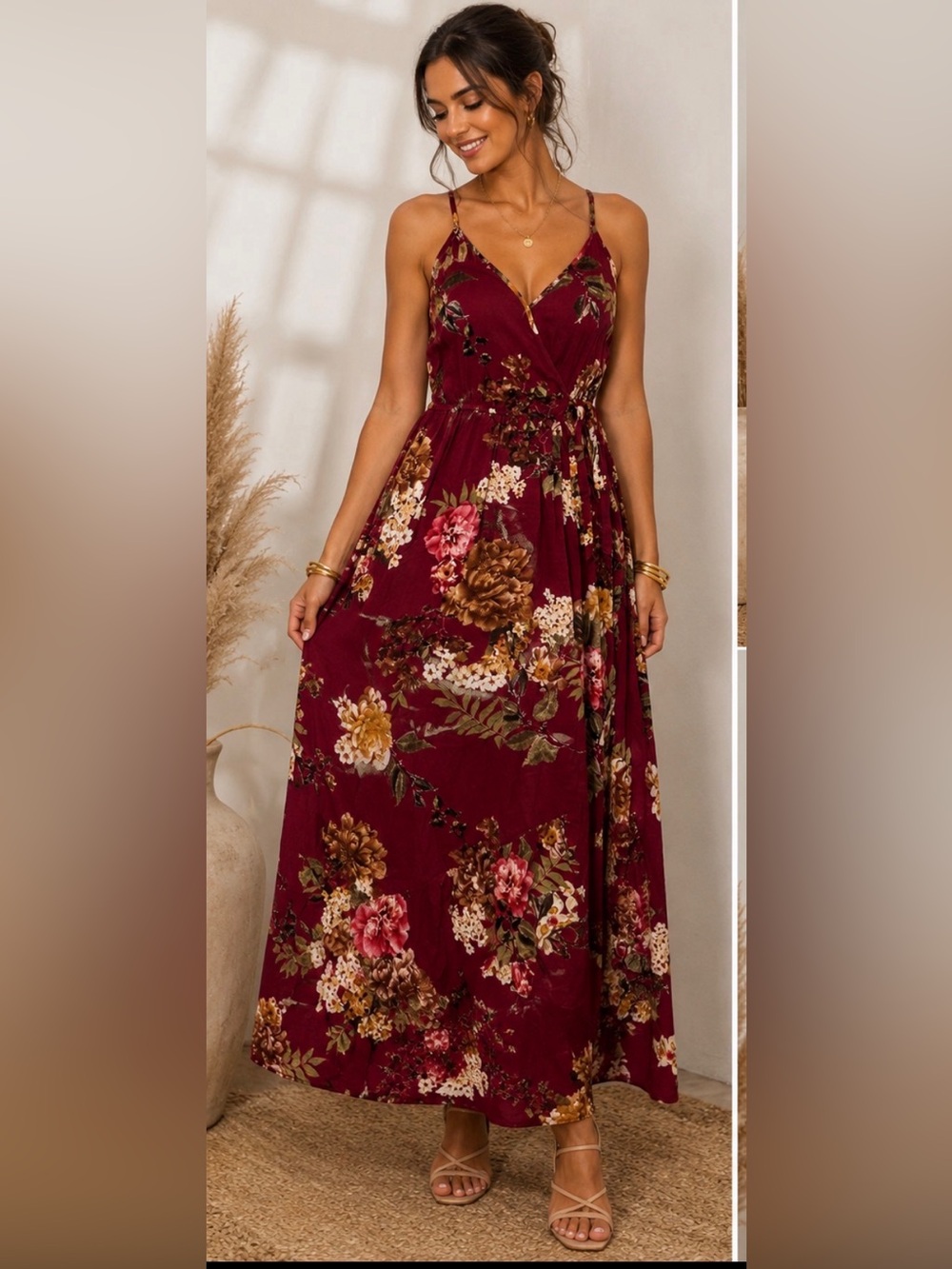 Band of Gypsies Burgundy Floral Wrap Maxi Dress Size Small Open Back Tie Waist